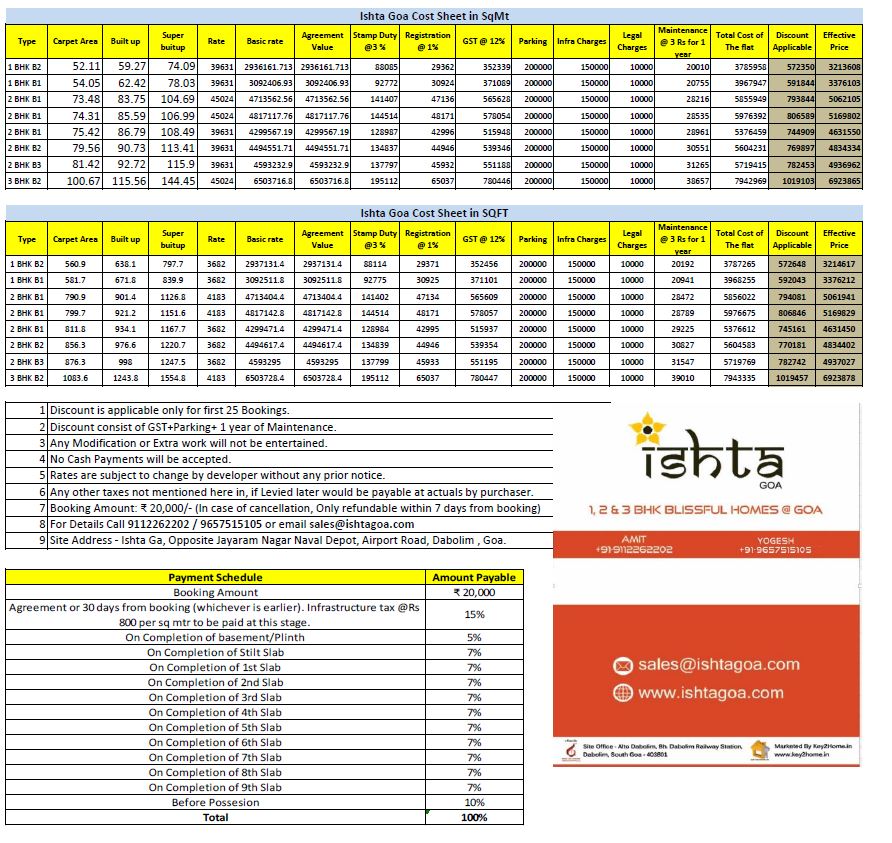 Ishta Goa Price sheet