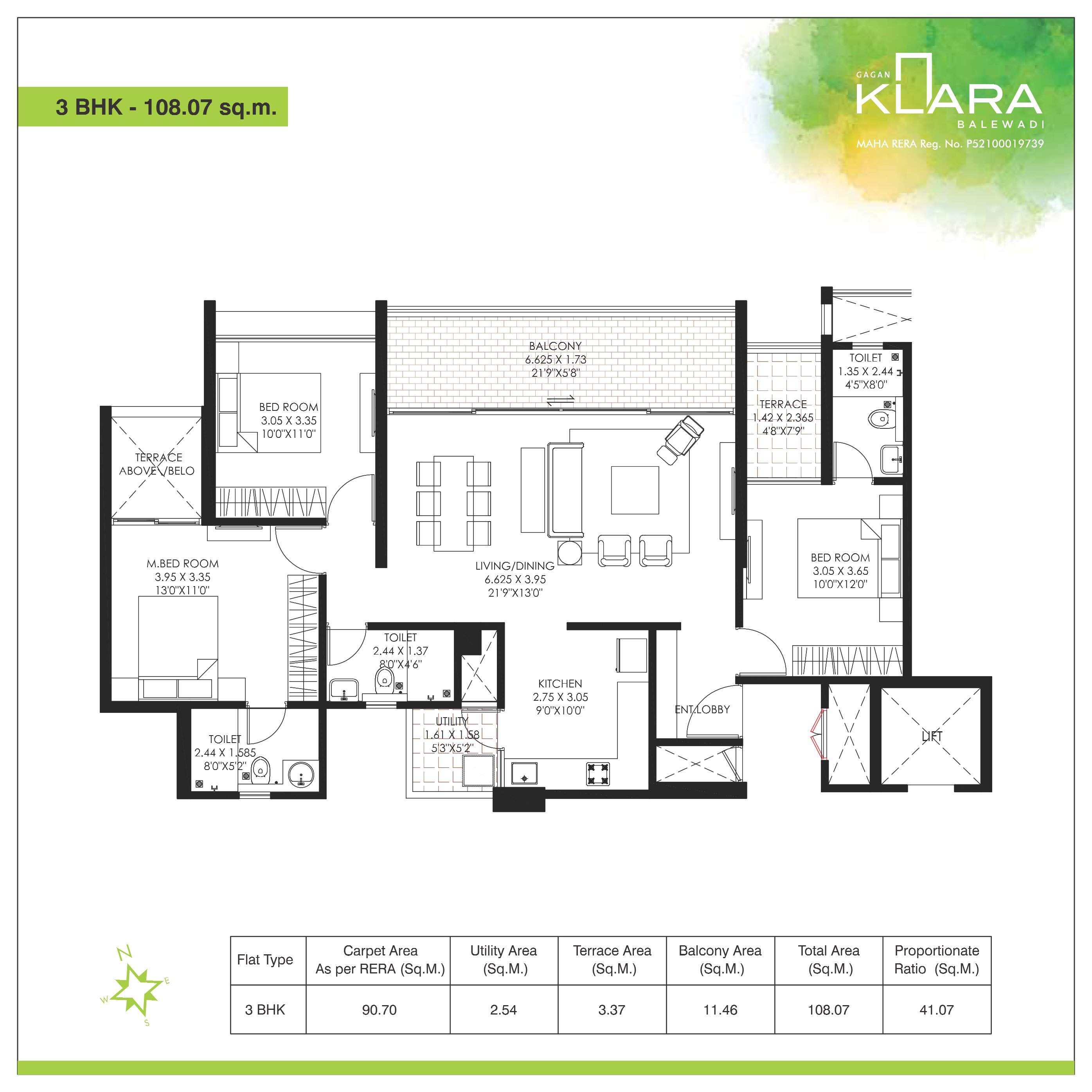 Gagan Klara 3 BHK 1153 Carpet Floor Plan