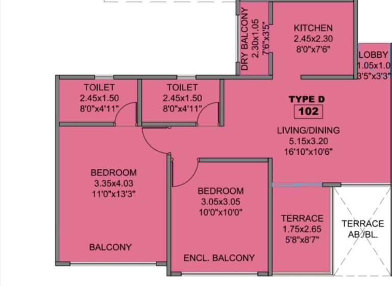 Unit Plan 2 BHK 705 Sqft Carpet Kohinoor Coral